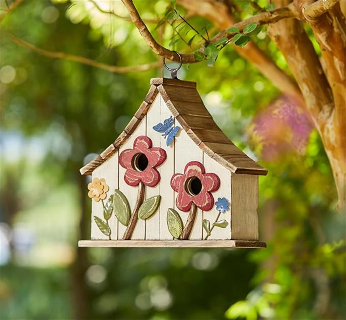 WILDMX Solid Wood Hanging Birdhouse with Flowers Rustic Two-Story Townhouse Hand-Painted Garden Bird Aviary Outdoor