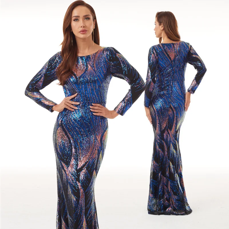 Sequin Party Dress Stretch Large Elegant  Long Sleeves Round Neck Backless Sequined Fishtail Evening Dresses Women