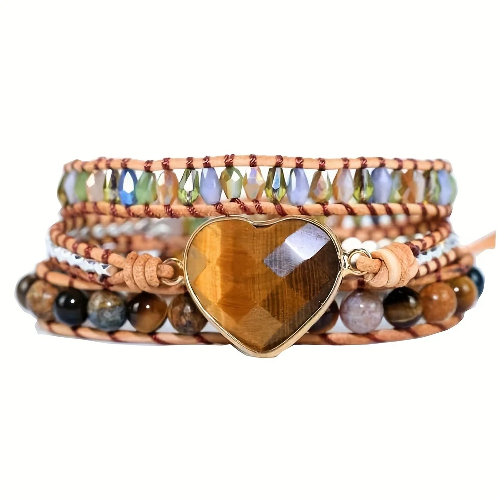 Classic Natural Tiger Eye Stone Heart Bracelet for Unisex Fashion BOHO Gift Handmade Woven Wrap Picture Stone Beaded Bracelet