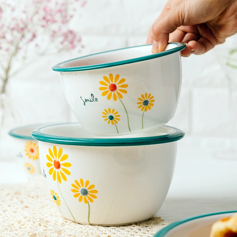 Jade-cer  ceramic Japanese Little Daisy design thick blue border soup rice salad bowls deep plates mug tablewares