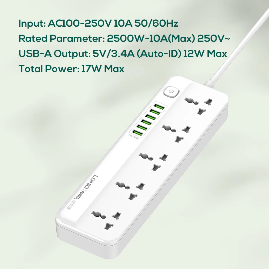 LDNIO SC5614 Power Strip Surge Protector with 5 AC Outlets and 6 USB Charging Ports 2m long extension cord for Home & Office