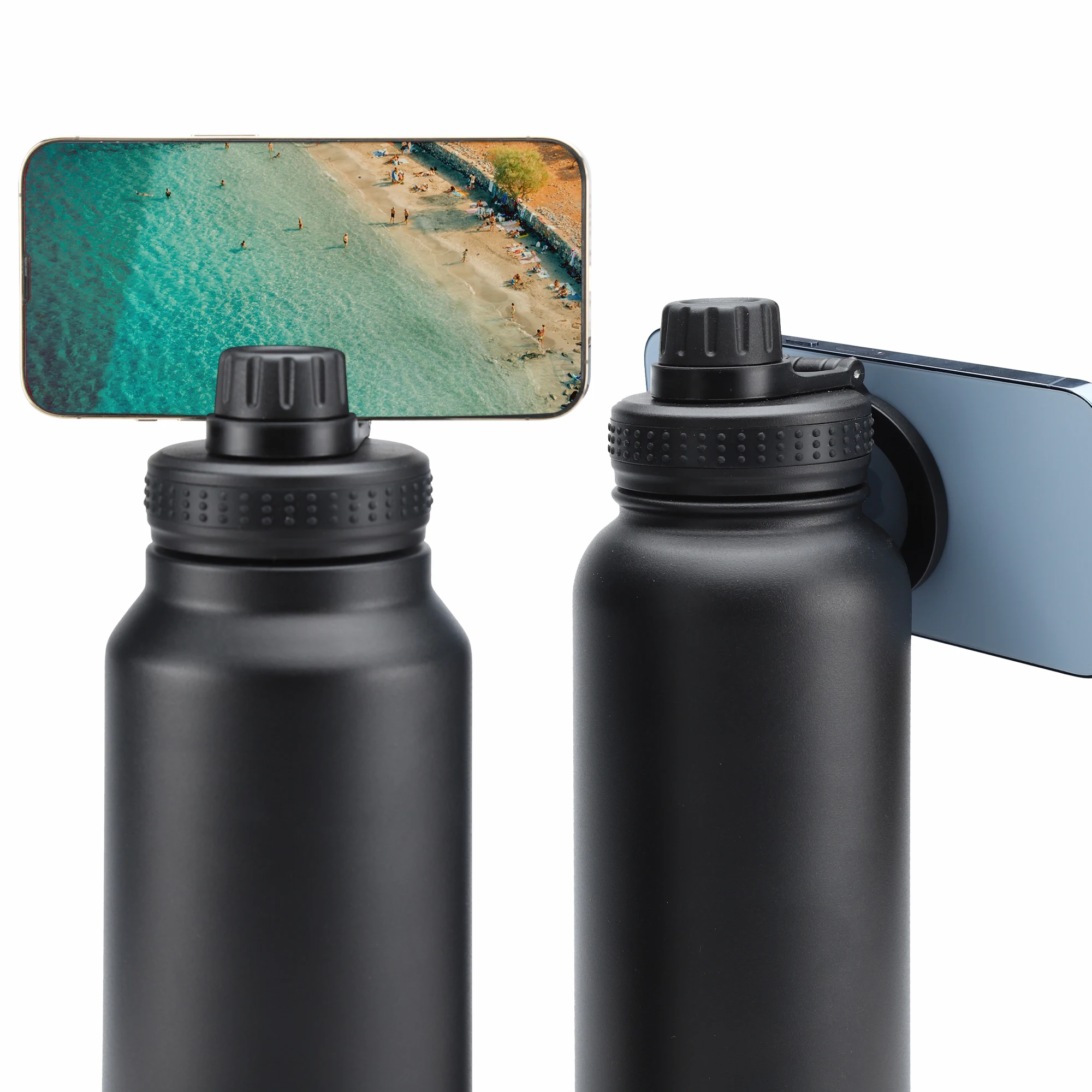 Stainless steel water bottle with Magnetic lid phone holder, Magnetic attraction your mobile phone, Adapt to multiple capacities