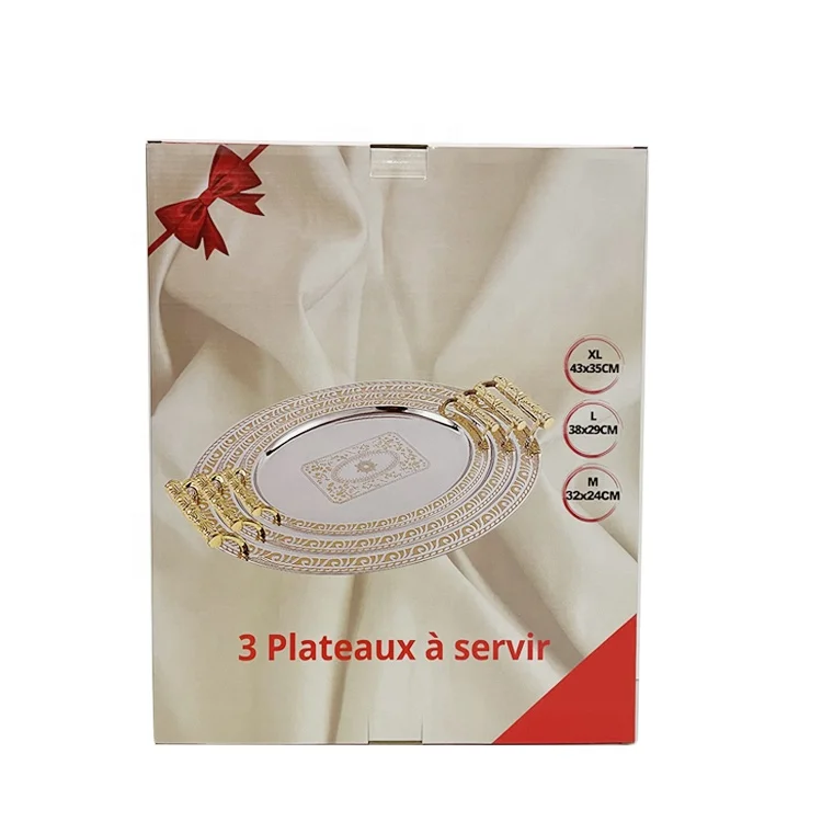 2024 Ramada Oval 3pcs Stainless Steel Metal Plateau Tray Set Tea Serving Arabic Middle East Mirror Gold Trays Set