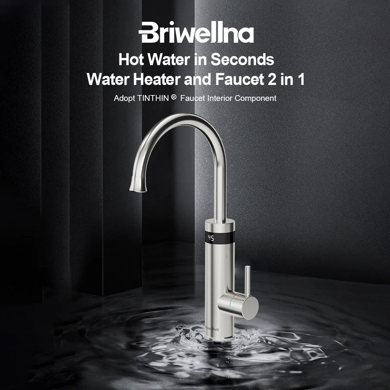 Briwellna 220V 3200W Kitchen Stainless Steel Electric Water Heater Tap Fast Instant Heating Faucet with Digital Display