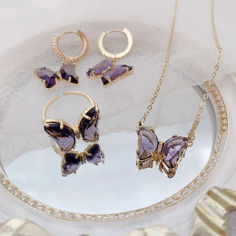 Trendy Amethyst Earrings Ladies Butterfly Women Earrings Necklace Crystal Ring Jewelry Sets Women
