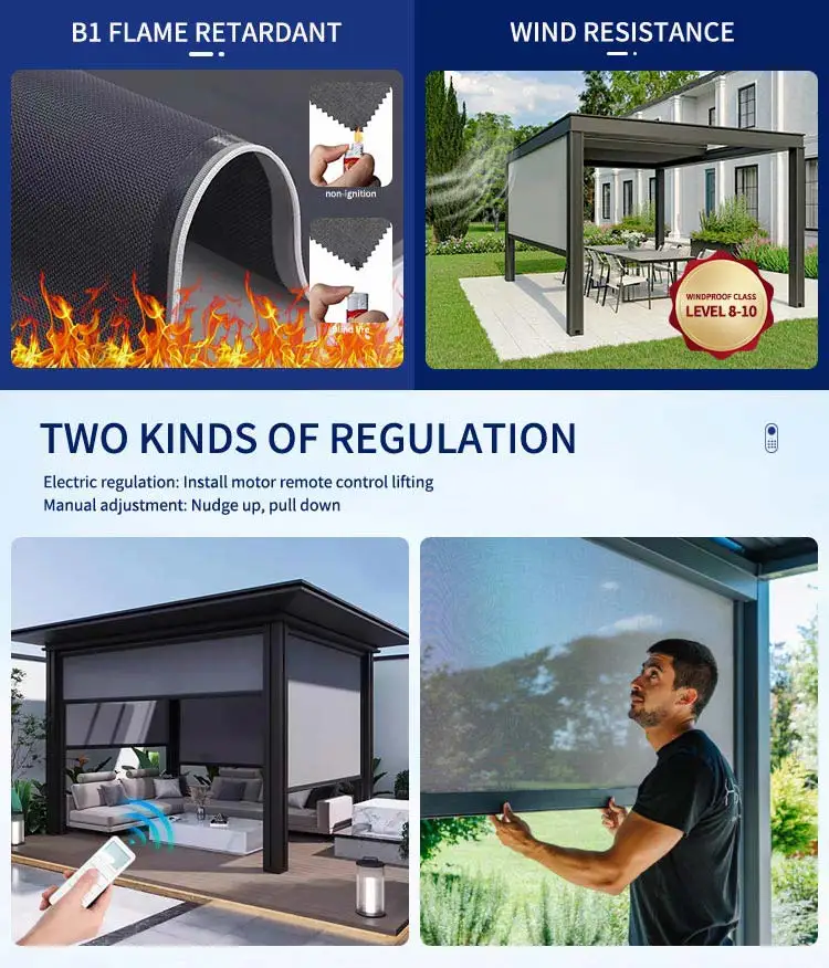 Garden Waterproof Privacy Outdoor Windproof Sun Shades Fabric Zipper Screen Vertical Curtain Remote Control Shade