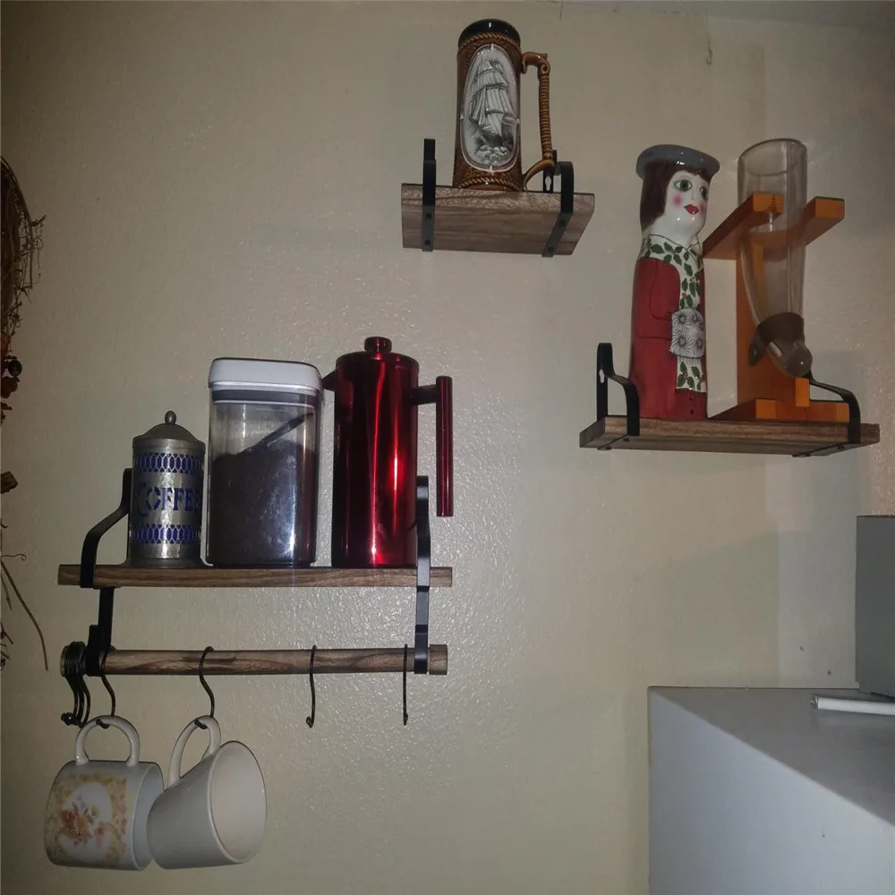 Floating Shelf Wall Shelf For Storage Rustic Wood Kitchen Spice Rack with Towel Bar and 8 Removable Hooks