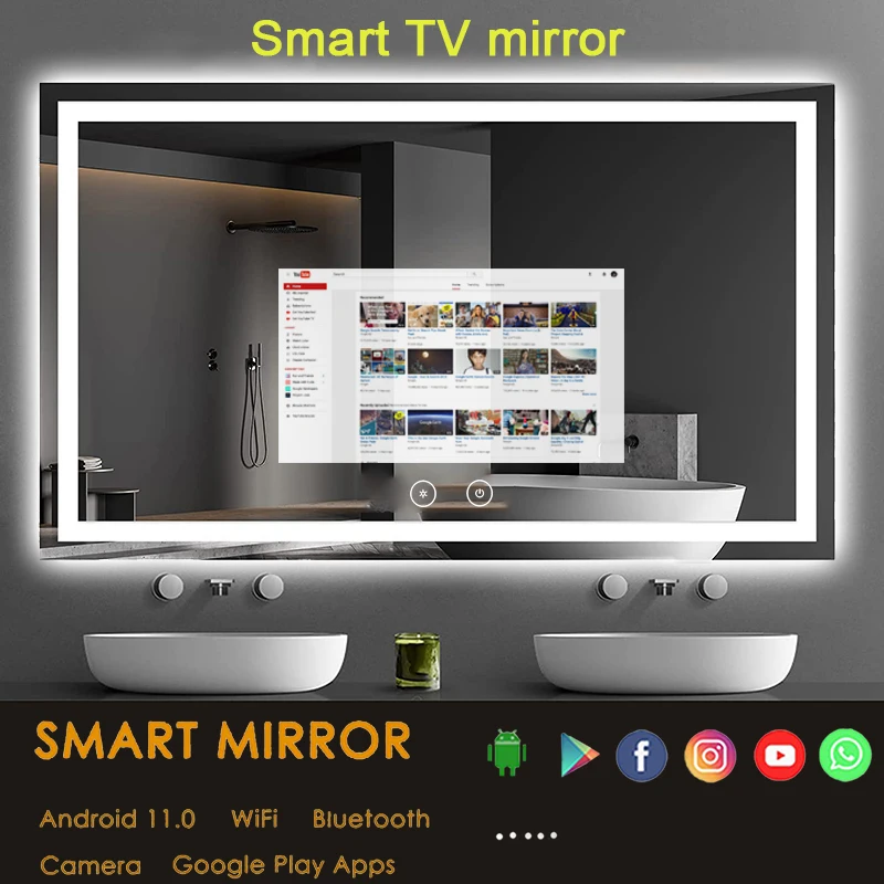 Factory 21.5 inch touchscreen front-lit smart bathroom mirror TV 1200*800mm with Wifi android smart mirror LED light TV mirror