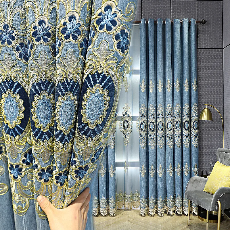Fabric Curtains Designs Luxury European Elegant embroidered Curtains Living Room With Attached Valance