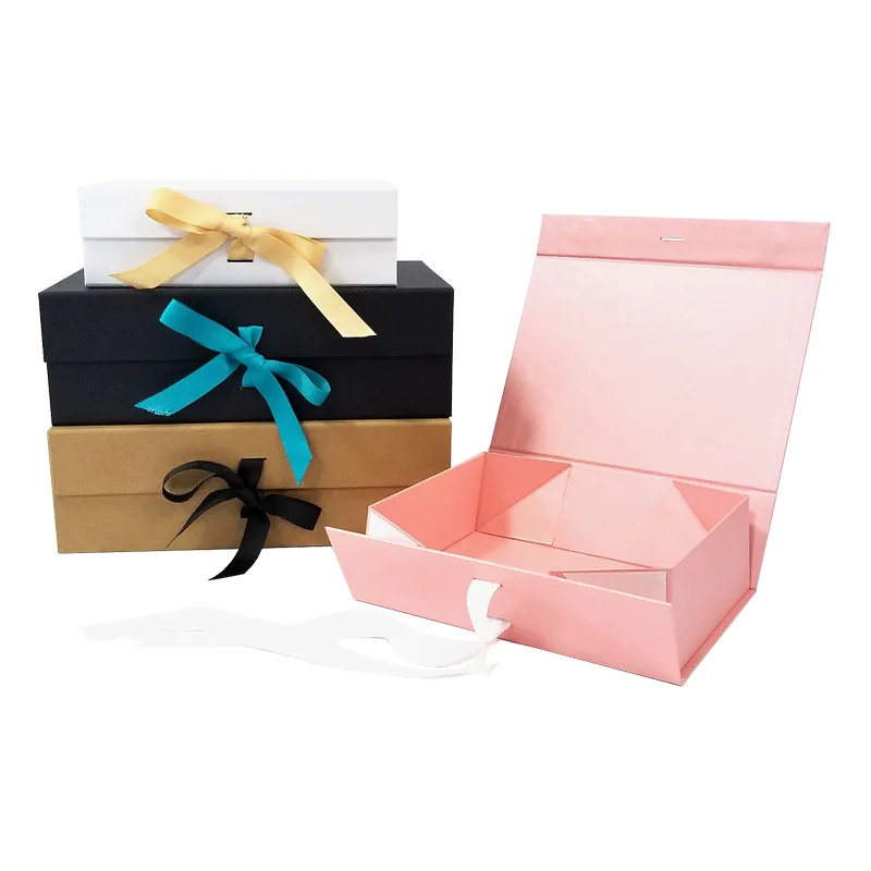 wholesale customized pink brown kraft paper bow Hard Magnetic Folding packaging Box with gold logo