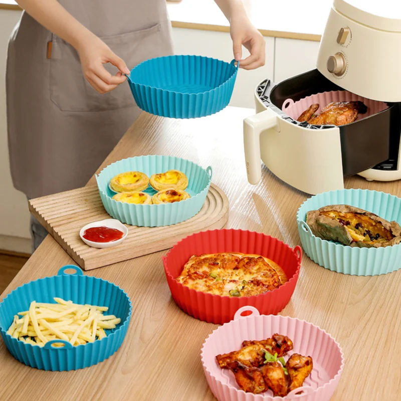 Multifunction Non-stick Reusable Silicone Basket Air Fryer Liners Round Oven Accessories Air Fryer Silicone Pots With Handles