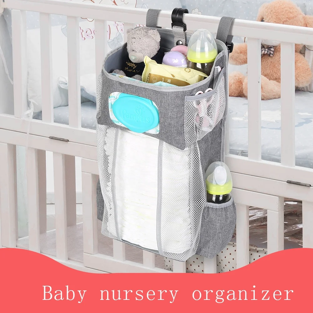 Latest New Gary Striped Oxford Cloth Pp Board Baby Hanging Baby Nursery Bedside Organizer With Mesh Bag
