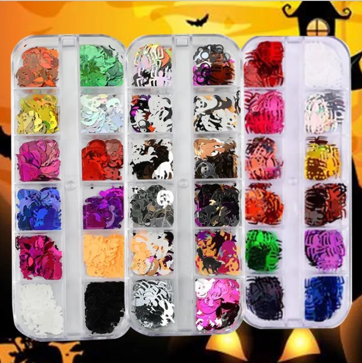 Nail Sequins 3D Holographic Skull Spider Pumpkin Bat Ghost Witch Shape Halloween Nail Art Glitter