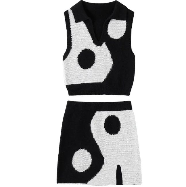 custom Multicolor Spring Fall Casual sexy ribbed sweater knitted two piece vest top Skirt set