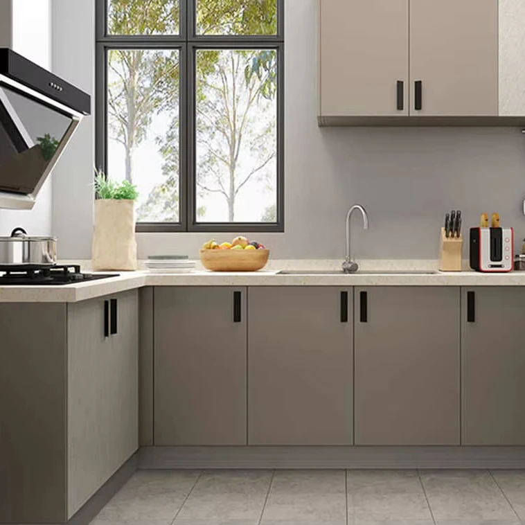 High glossy Finish kitchen cabinet wood cabinet door with white countertop