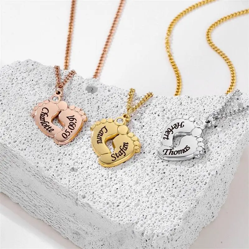 Personalized Name Engraved Footprint Pendant DIY Custom Stainless Steel Date Letter Necklaces Gift For Girl Birthday