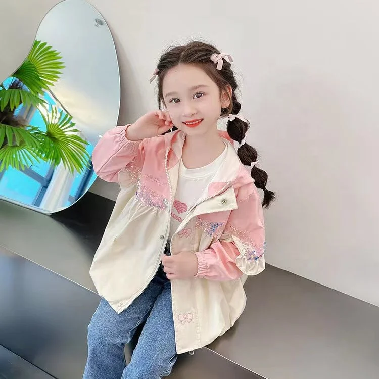 new Korean teenage fall long sleeve sequin bow coat big kids sweet hooded jacket