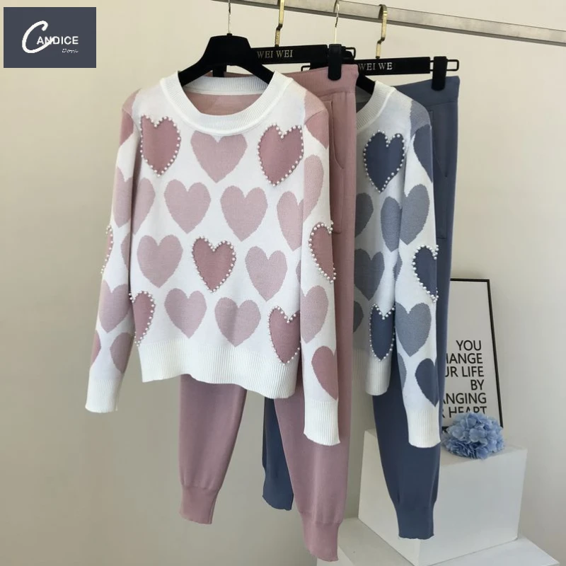 Candice high quality sweater hoodie and long pants suit elegant Beaded knit winter 2 piece sets for women