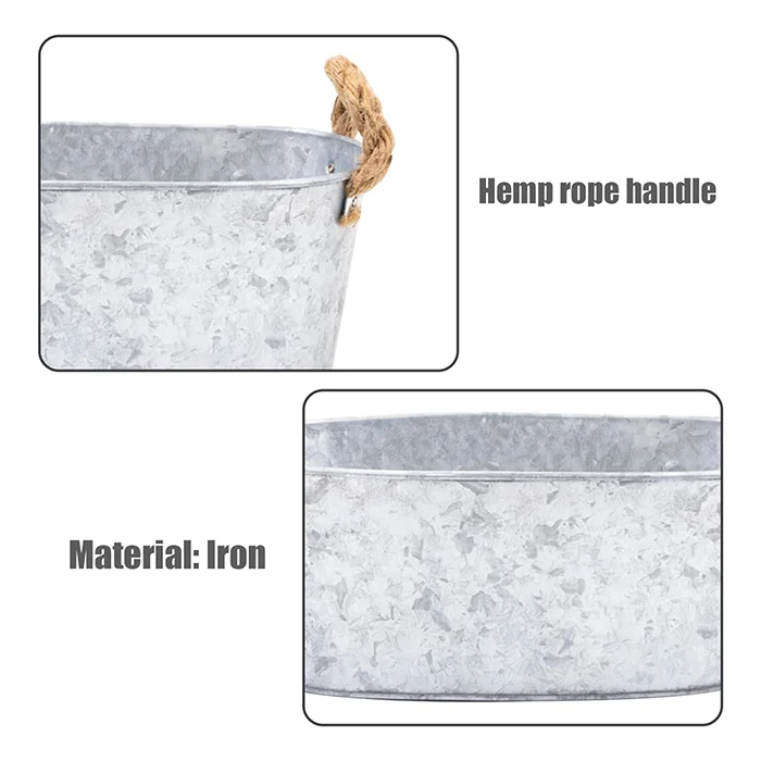 Galvanized Planter Vintage Metal Planter With Rope Handles and Drainage Hole Oval Shaped Metal Flower Pots