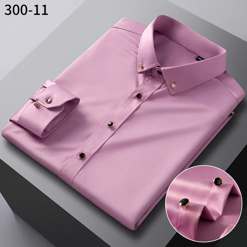 Male Business Casual Slim Fit Dress Shirt Solid Color Long Sleeve Wrinkle Free Luxury Men Silk Satin Shirts