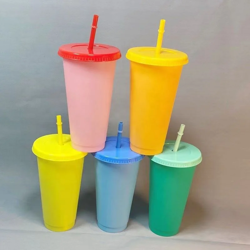 24oz Reusable Plastic Tumblers Cold Magic Drinking Coffee Mug Temperature Color Changing Cup With lid And Straw