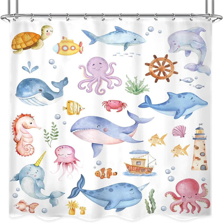 Kids Cartoon Animal Shower Curtain Dolphin Whale Octopus Fish Seaweed Turtle Bathroom Polyester Waterproof Shower Curtains