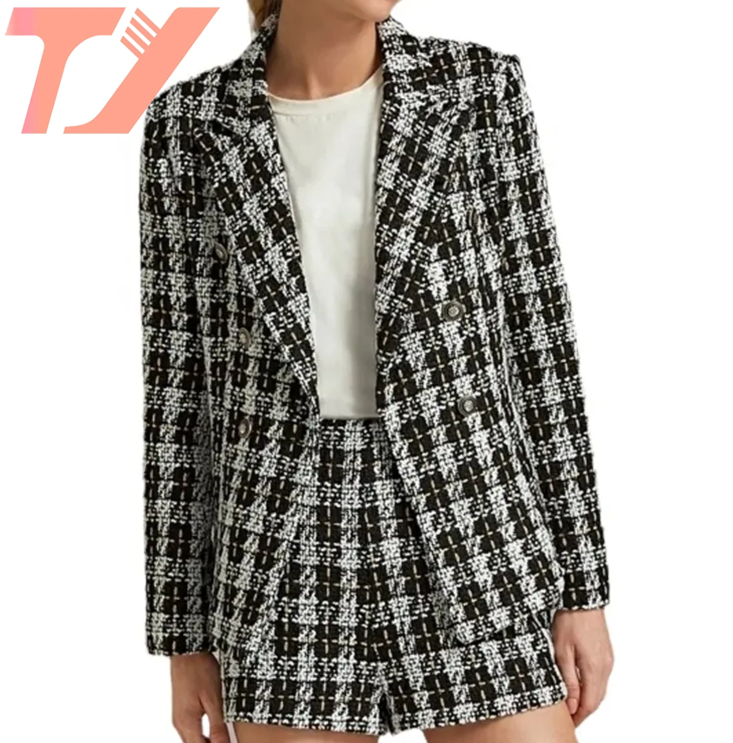 TUOYI Women Fashion tweed Plaid Blazer Elegant Coat Suit Long Sleeve Turn Down Collar Jacket Leisure British Style Suit