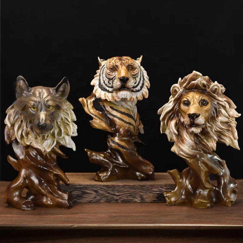 resin crafts wooden shapes sculpture carved wood animals head statue home decoration itemes