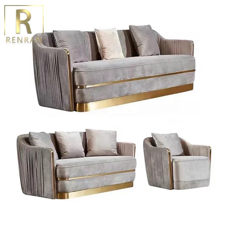 Modern home furniture 3-seater couch corner sofa with stainless steel base luxury velvet tufted sofa set for living room