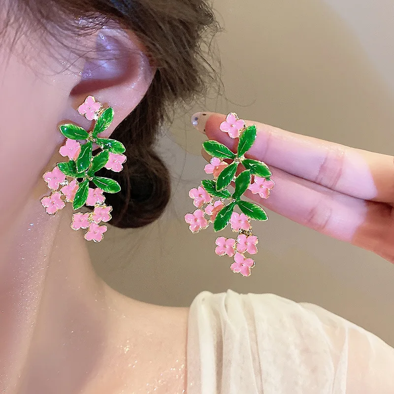 Elegant Women Zinc Alloy Clear Style Enamel Country-Style Gifts Leaves Pink Flower Earrings