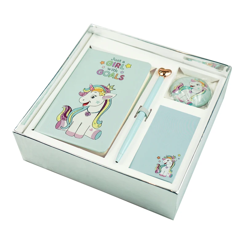 
2021 New Arrival Stationary Set Gift Box Children Notebook Pen Magnet Mini Notepad Unicorn 
