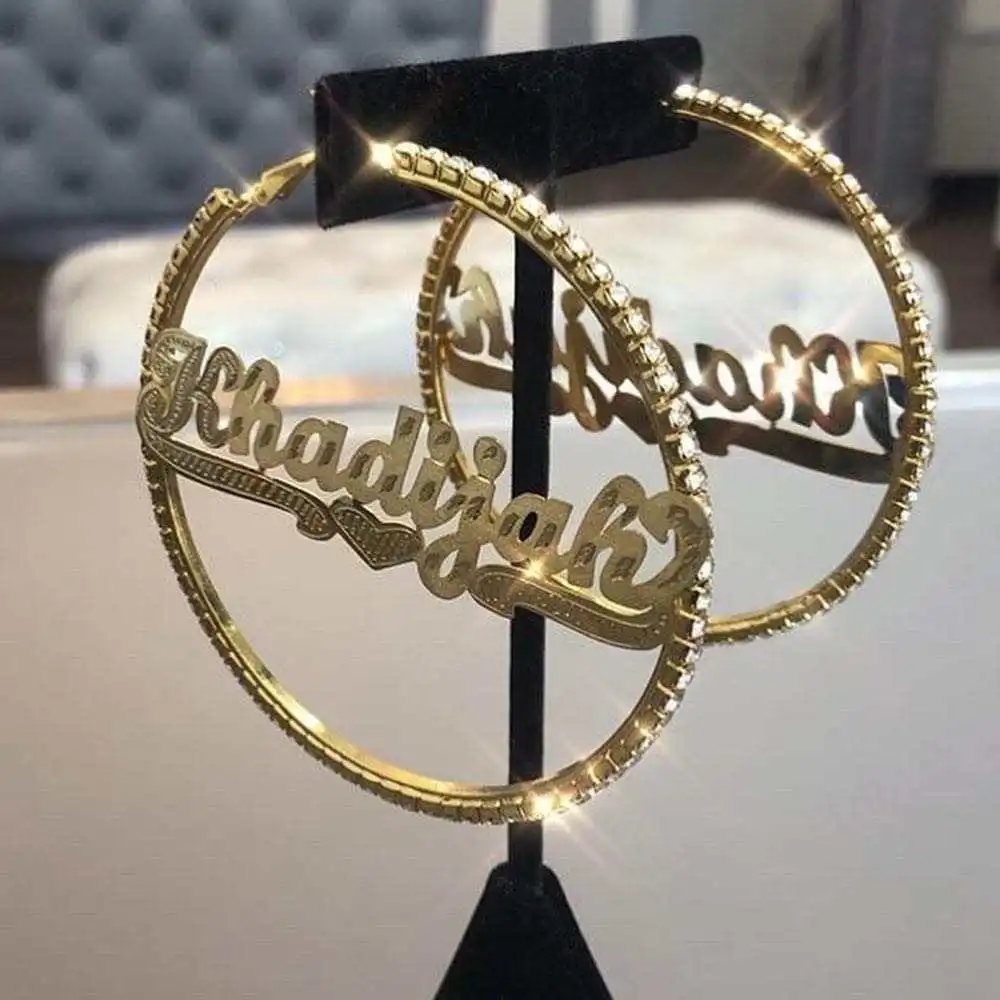 New Trendy Custom Name Earrings 18K Gold Plated CZ Hoop Earrings Crystal Diamond Big Hoop Earrings Stainless Steel