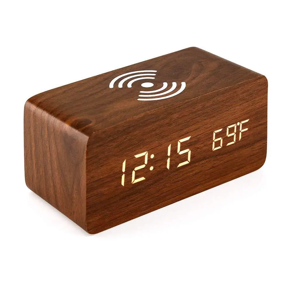 Digital Wooden Alarm Clock, 4-in-1 Multifunction, Bamboo and Wood,Wireless Charging Desk Clock,Wake up Light Sunrise Alarm Clock