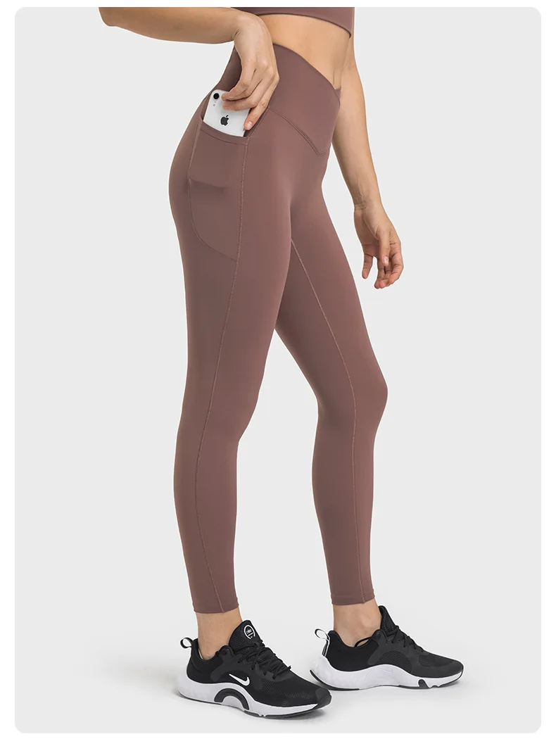 Popular High Waist V Cut Spandex Leggings Camel Toe Women Push Up Booty Brown Nude Leggings With Pocket V Front Yoga Pants