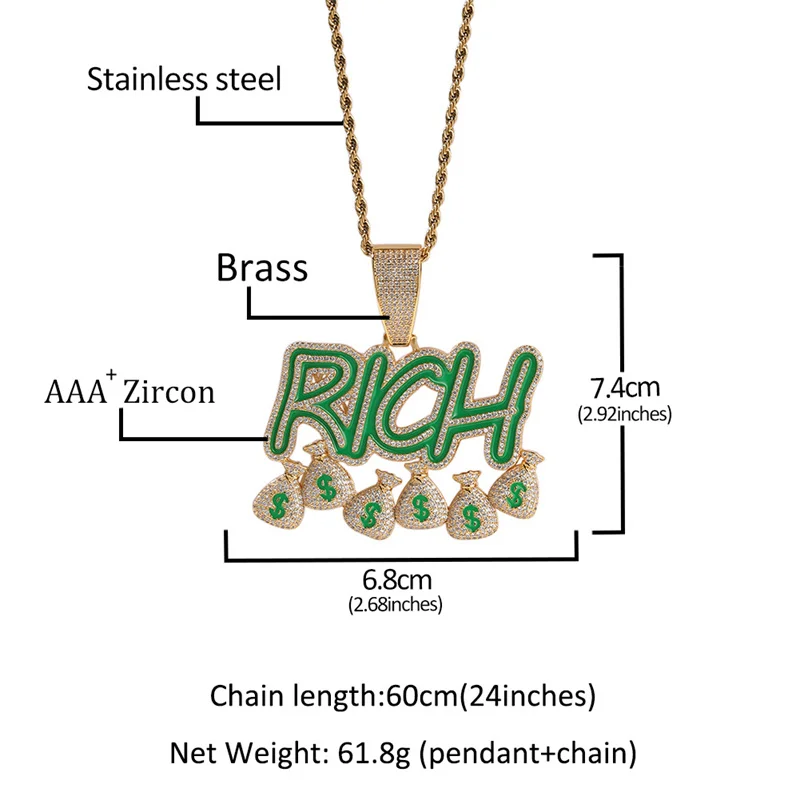 Dollar kolye new product RICH money bag letter pendant luminous men and women fashion hip-hop rap jewelry wholesale factory