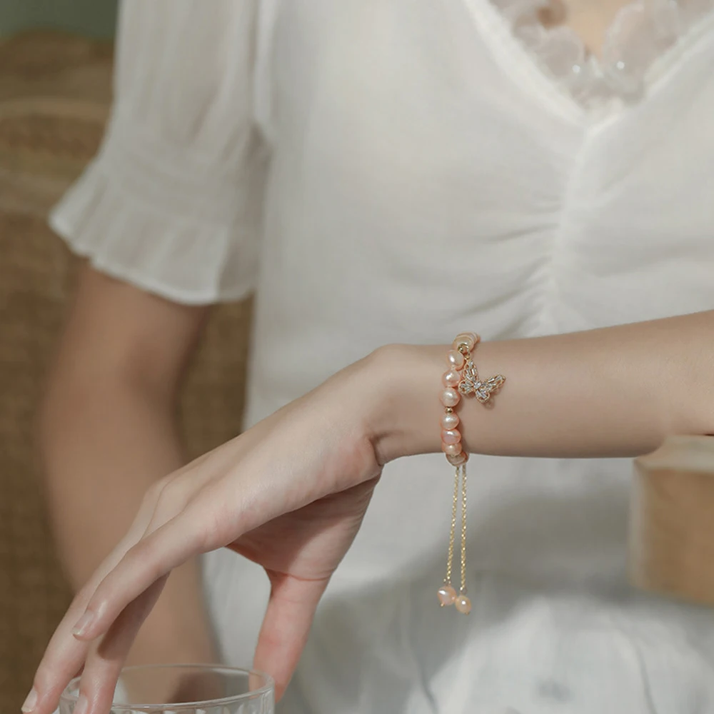 Simple Jewelry Fresh Water Pearl Zircon Butterfly Bracelet Titanium Steel Baroque Fresh Water Powder Pearl Adjustable Necklace