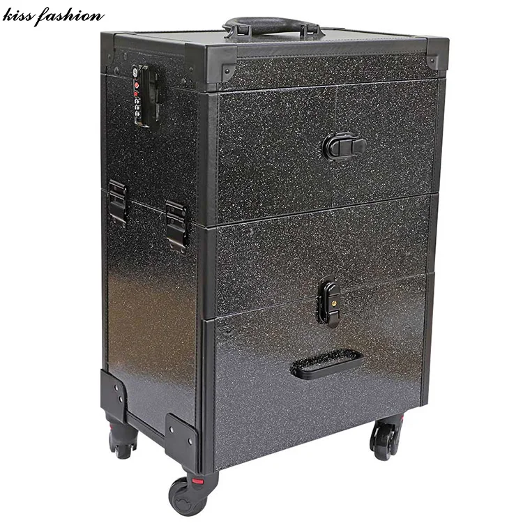 4-WHEELS LEATHERETTE PROFESSIONAL COOL LED LIGHT ROLLING STUDIO MAKEUP CASE WITH EXPANDABLE TRAYS, DRAWERS AND MIRROR