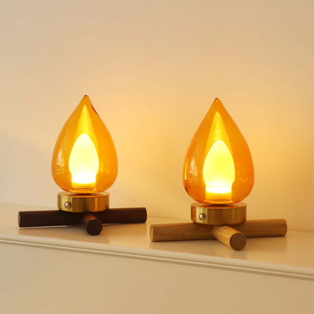 Battery Powered Glass Candle Lamp Night Light Wood Flame Lamp Led With Touch Switch