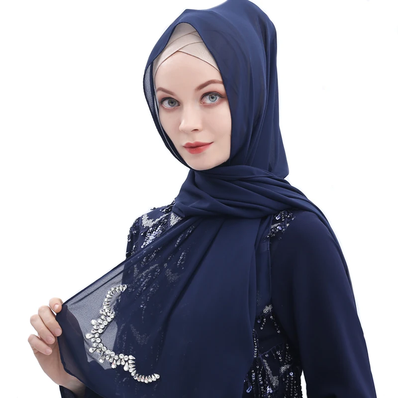 new  fashion plain  chiffon  with crown  rhinestone hijab  plain chiffon  scarves  hijab chiffon scarf solid color shawl