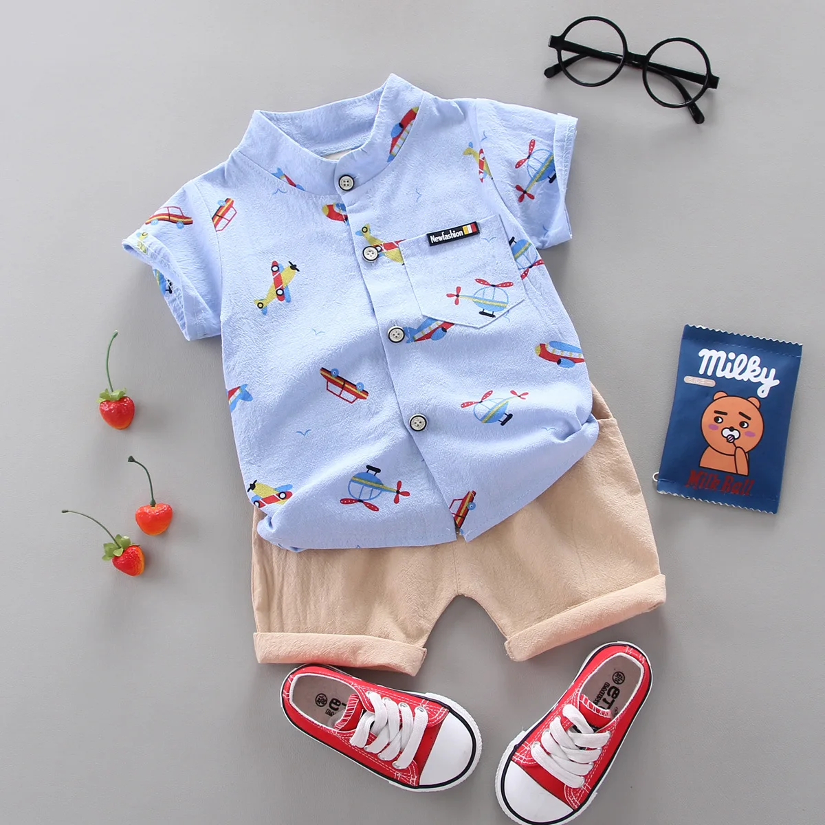 Floor price baby clothes wholesale handsome summer little boy short sleeve set Korean fashion baby boy shirt set
