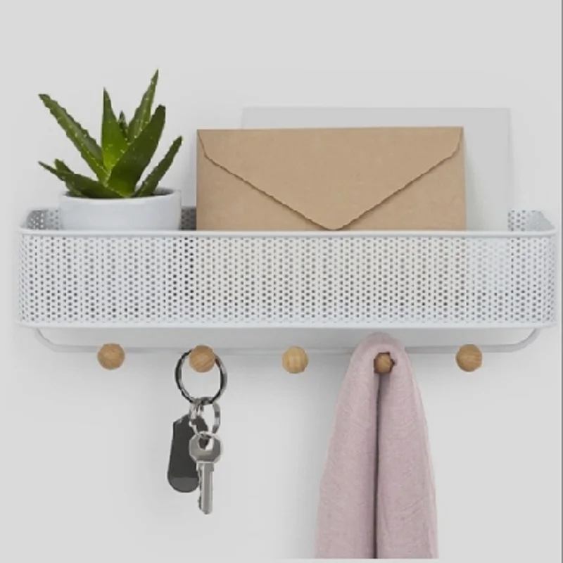 metal mesh floating shelves wall decorative key mail towel rack holders clip hanger for with 5 Hooks storage holders & racks