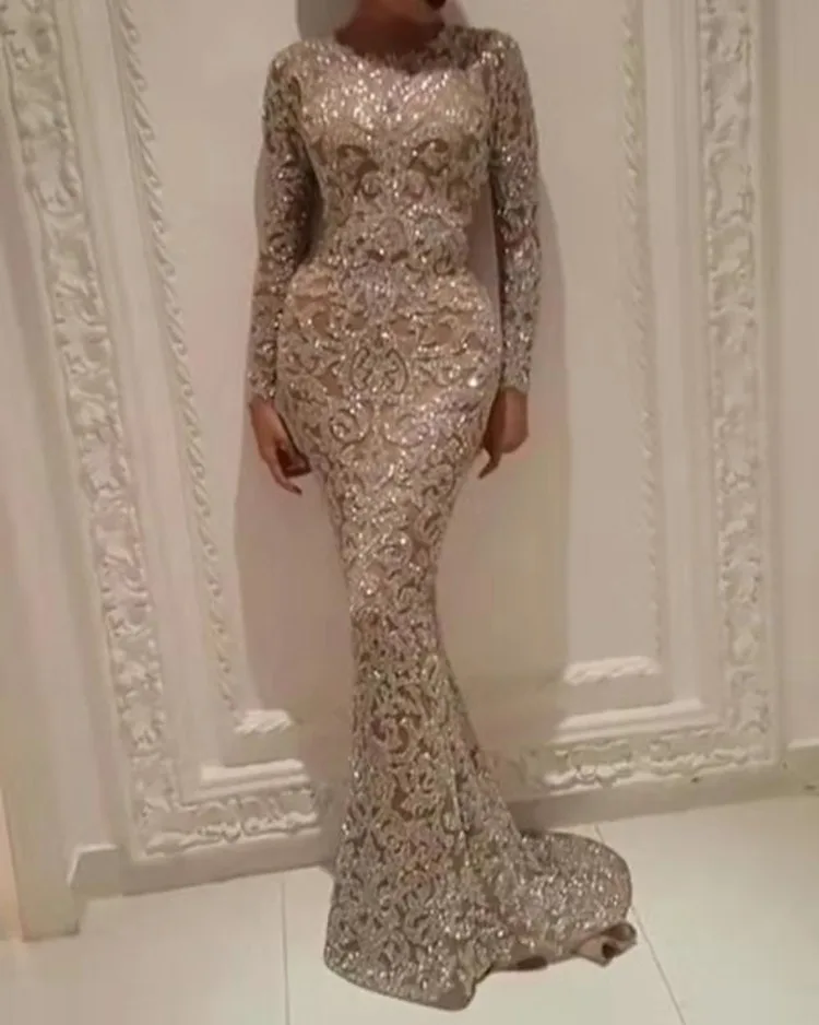 New Sexy O Neck Mermaid Evening Dress Long Formal Prom Party Gown Full Sequins long Sleeve Galadress Vestidos Occassion Dresses
