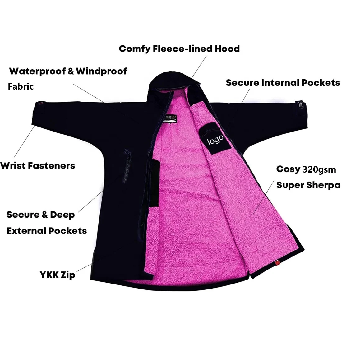 Custom Logo Winter Long Sleeves Fleece Lining Dry Surf Changing Robe Waterproof for Beach Swimming