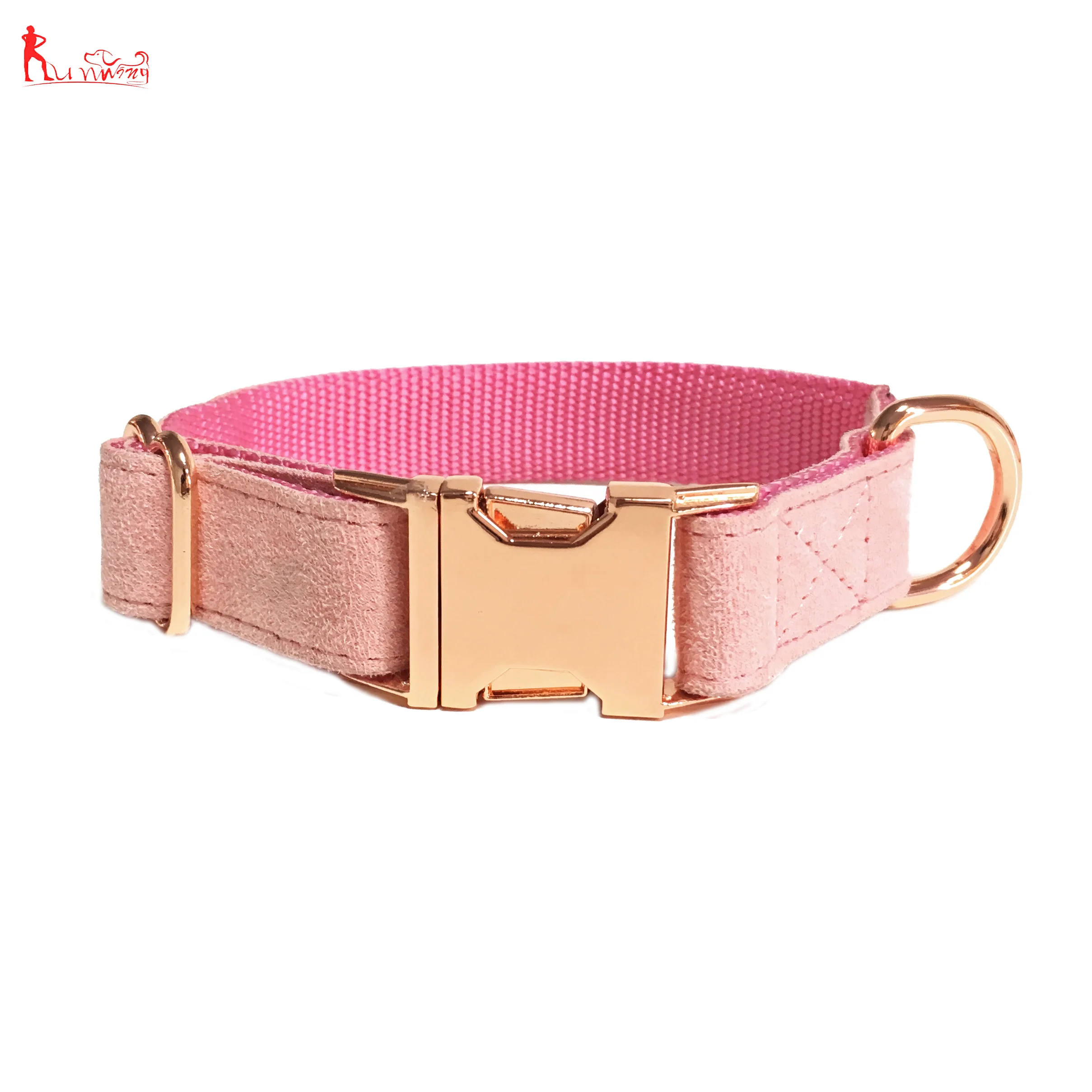 Premium Soft Velvet Pink Pet Dog Collar and Leash Set,Adjustable Collars with Rose Gold Metal Buckle D-ring