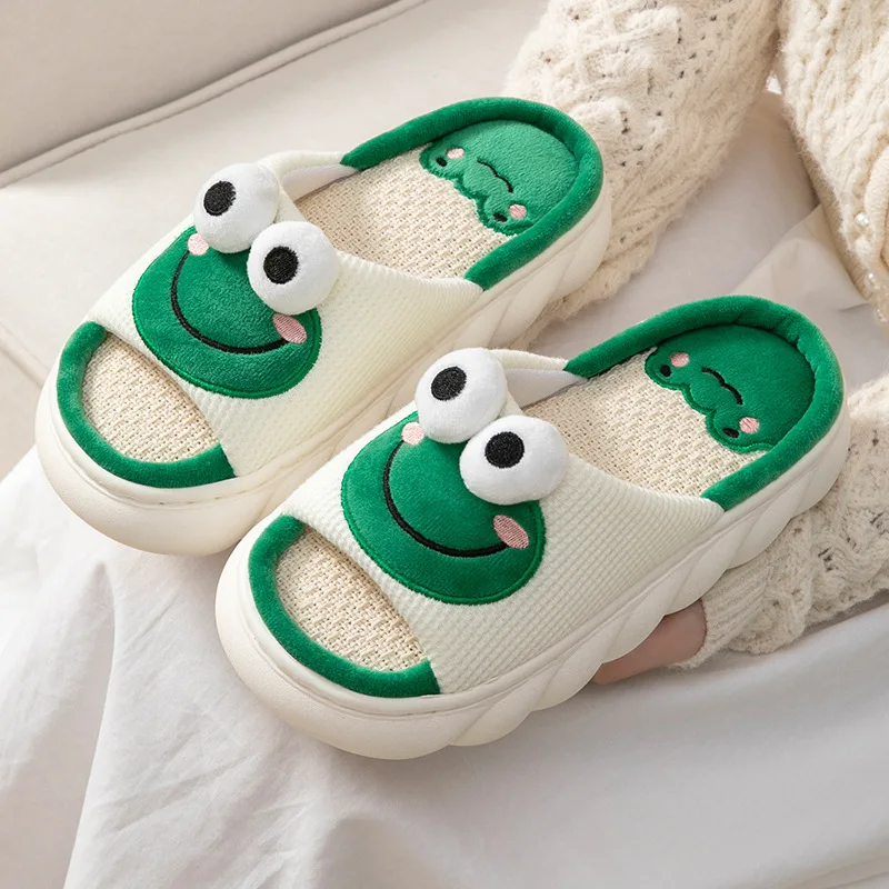 Women EVA Sole Animal Frog Cute Slippers High Quality Indoor Home Cotton Linen Open Toe Slippers