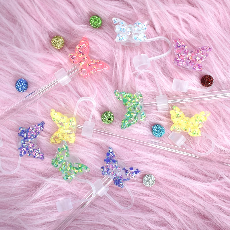 Factory Direct Pvc Butterfly Theme Straw Toppers Resin Durable Bar Accessories Happy Life Party Drinking Straw Cover