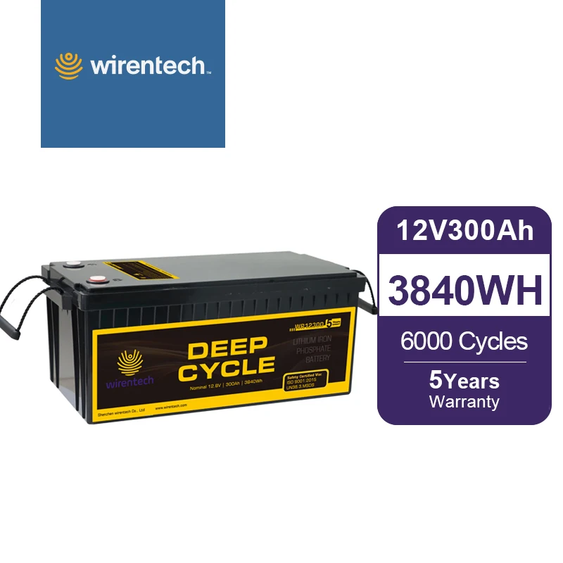 Wirentech 12V 300Ah 400Ah Lithium Ion Battery Lifepo4 Deep Cycle Home RV Truck Use BMS Protection IP65 plastic case
