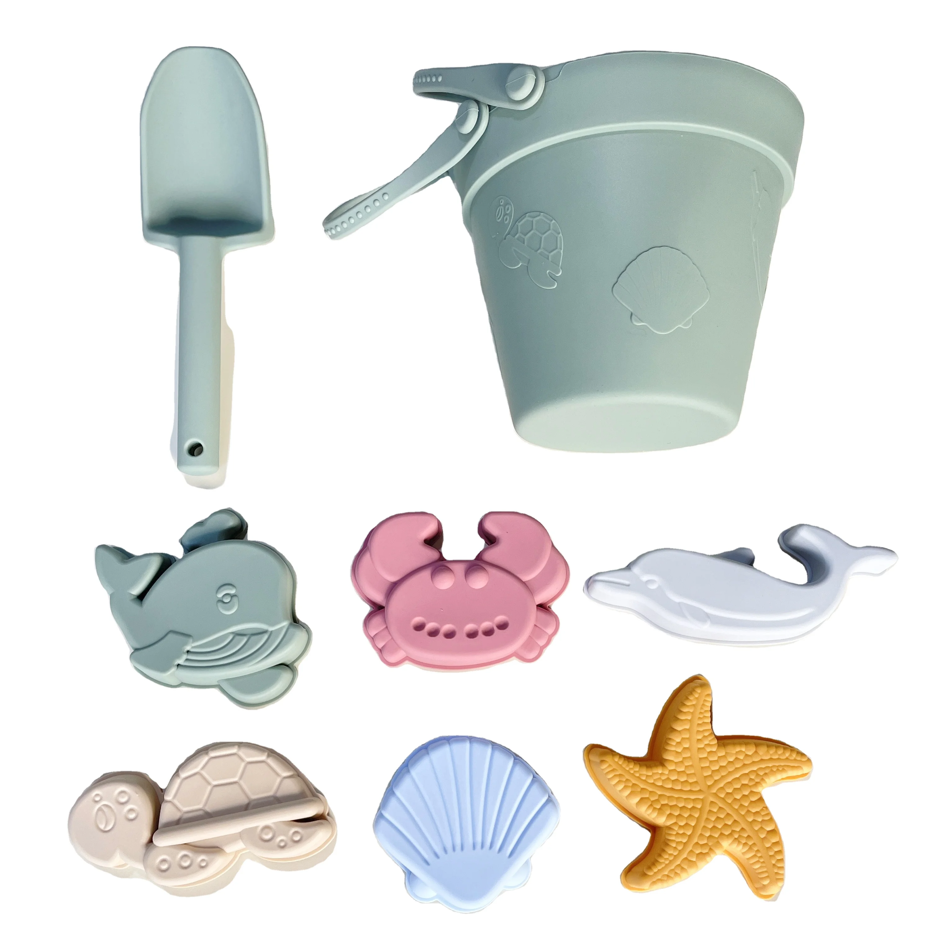 New BPA Free summer Portable Silicone Sand Bucket Toys Customized Kids Silicone Beach Toy Bucket Pail Spade Set