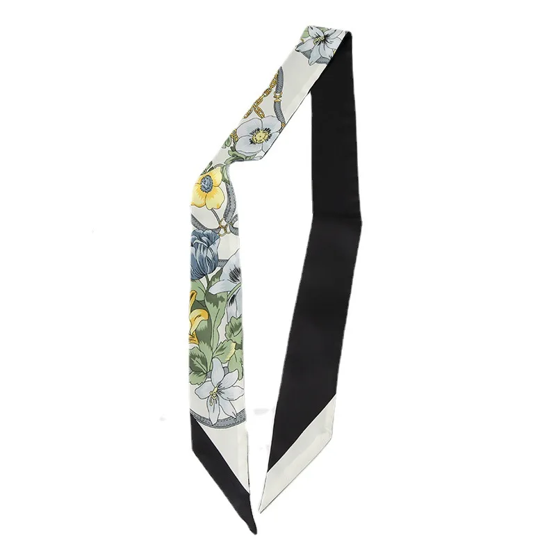 Colorful Floral Print Twill Scarf Handbag Handle Wrap Ornament Bag Twill Satin Hair Silk Scarves