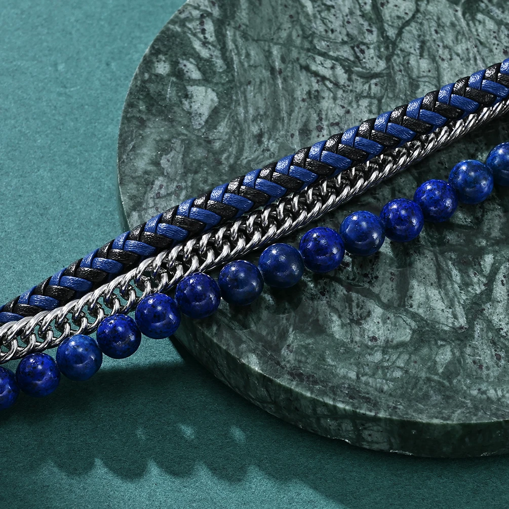 Alin Wholesale Natural Stone Bead Black Agate Beads Bracelet Multi Layer Genuine Leather Bracelet